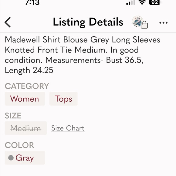 Madewell Shirt Sweater Grey Long Sleeves Knotted Front Tie Medium - Picture 6 of 6